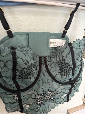 aerie Lace Longline Bustier Bra in Sage Green with Black Trim